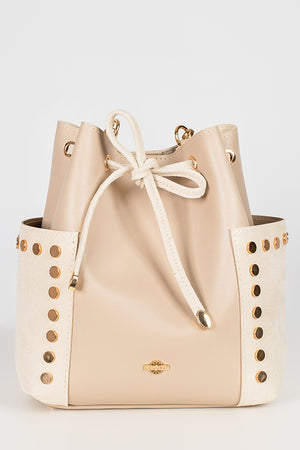 A white bucket bag from the front view
