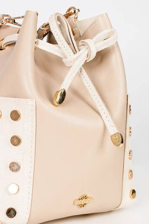 A close-up of the bucket bag